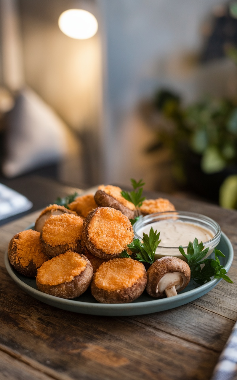Golden-brown breaded mushrooms served with ranch dressing on a wooden table.